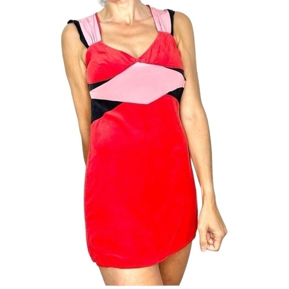 Armani Exchange 100% Silk Red Pink Colour Block Mini Dress 0 - Picture 1 of 13